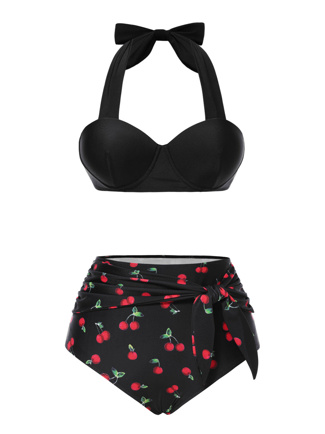 Black Halter Cherry Bikini Set - vintage fashion, retro style, classic black