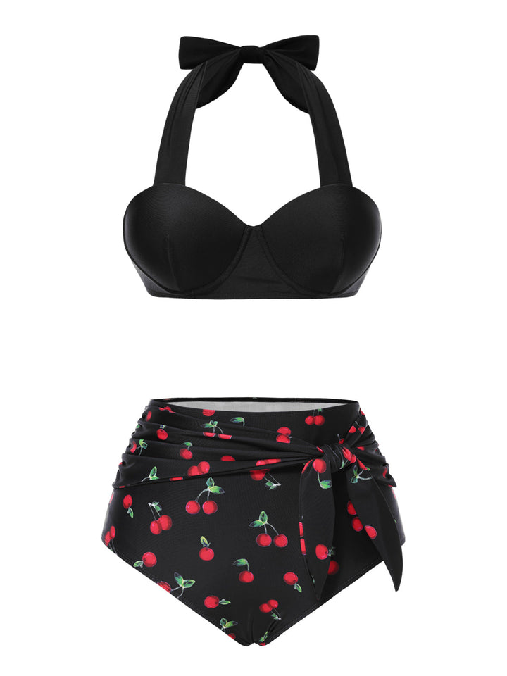 Black Halter Cherry Bikini Set - vintage fashion, retro style, classic black