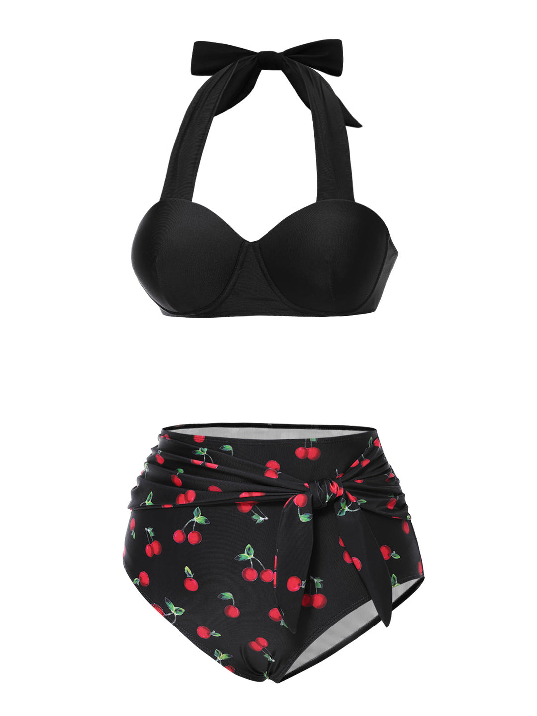 Black Halter Cherry Bikini Set - vintage fashion, retro style, classic black