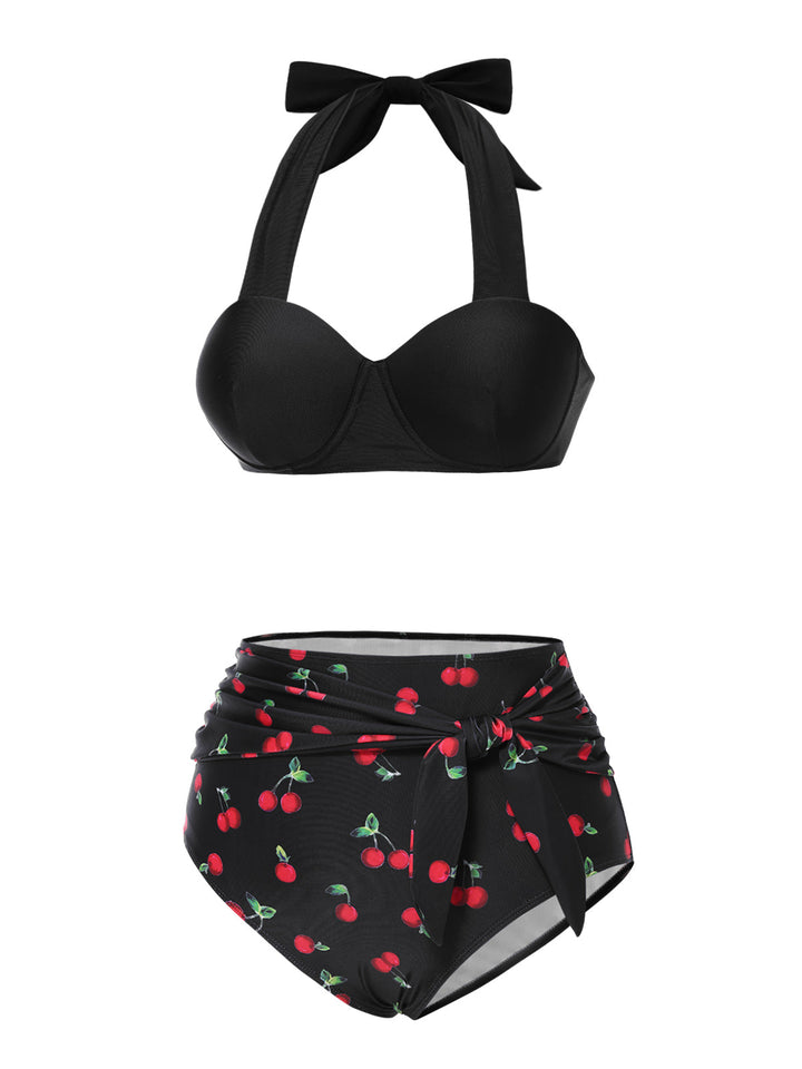 Black Halter Cherry Bikini Set - vintage fashion, retro style, classic black
