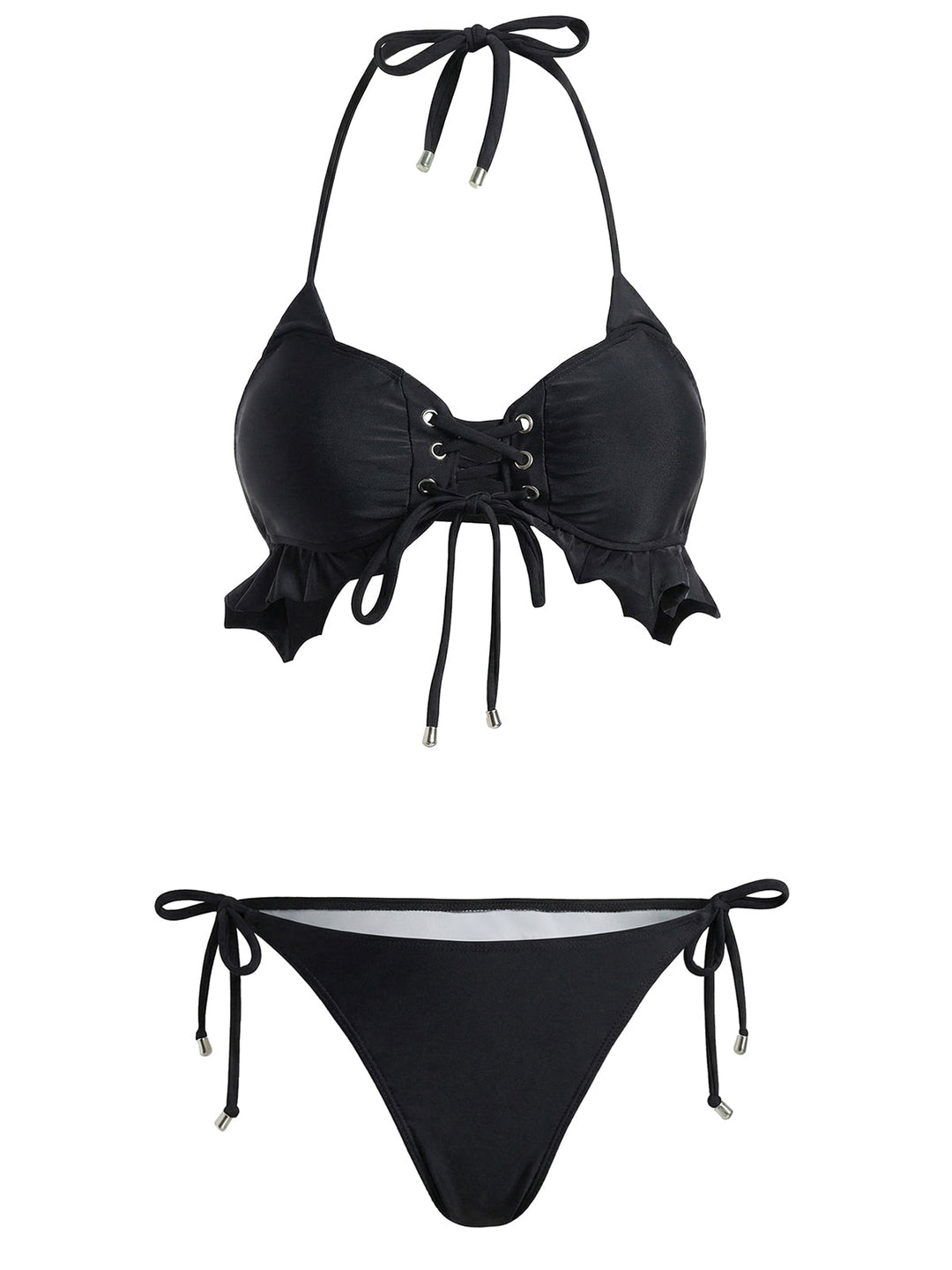 Black 1950s Halter Lace Up Ruffle Hem Bikini Set - vintage fashion, retro style, classic black