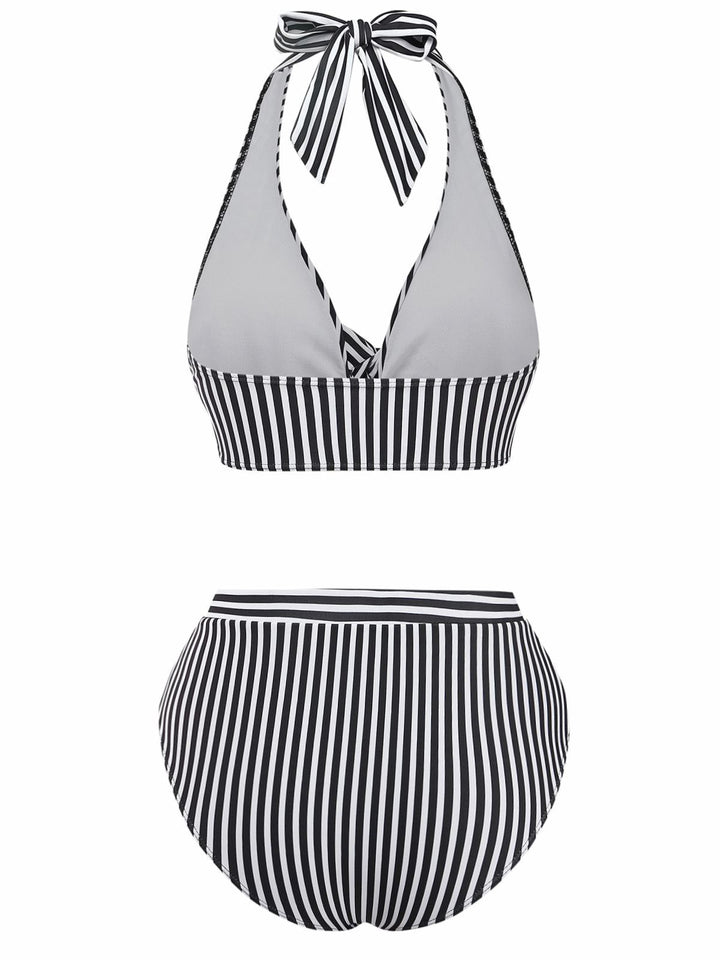 Black 1950s Halter Stripe Knotted Tankini Set - vintage fashion, retro style, classic black