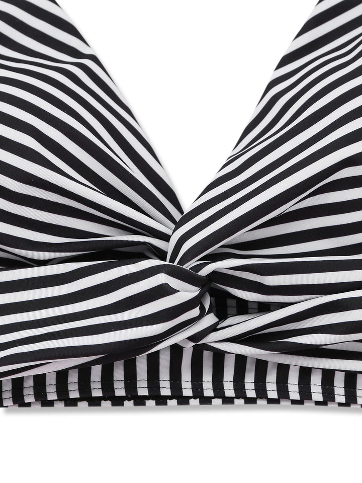Black 1950s Halter Stripe Knotted Tankini Set - vintage fashion, retro style, classic black