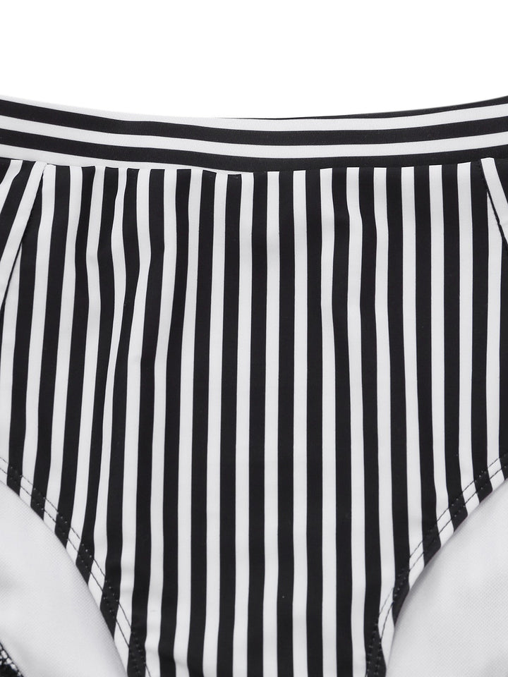 Black 1950s Halter Stripe Knotted Tankini Set - vintage fashion, retro style, classic black