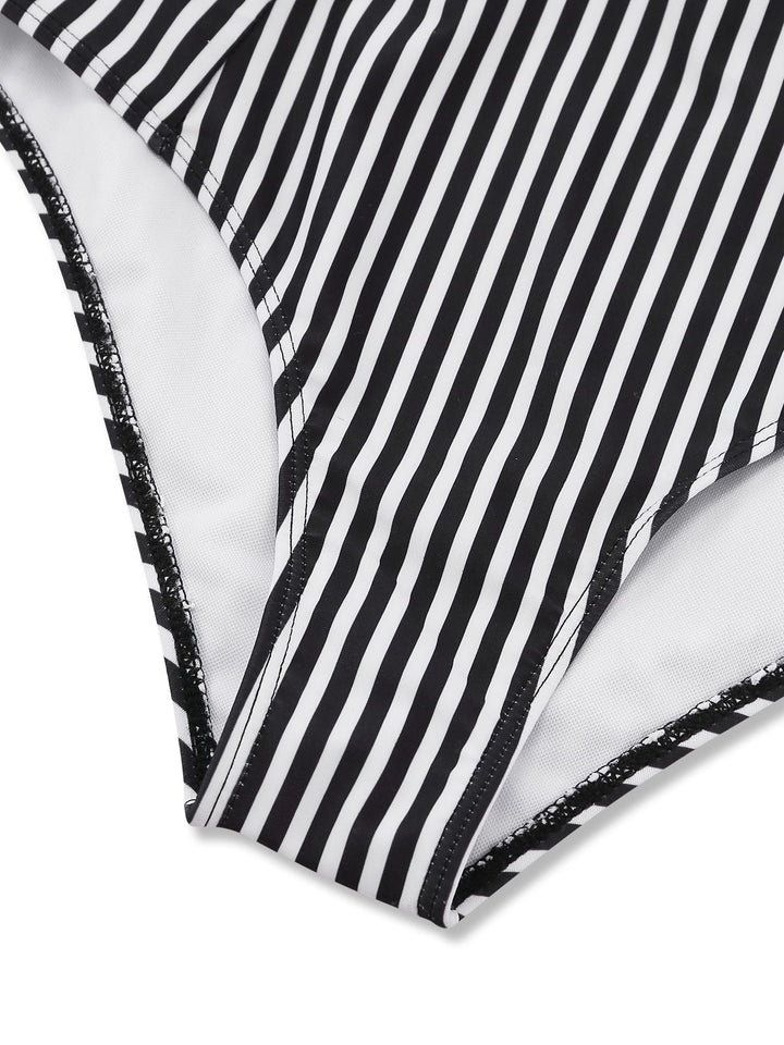 Black 1950s Halter Stripe Knotted Tankini Set - vintage fashion, retro style, classic black