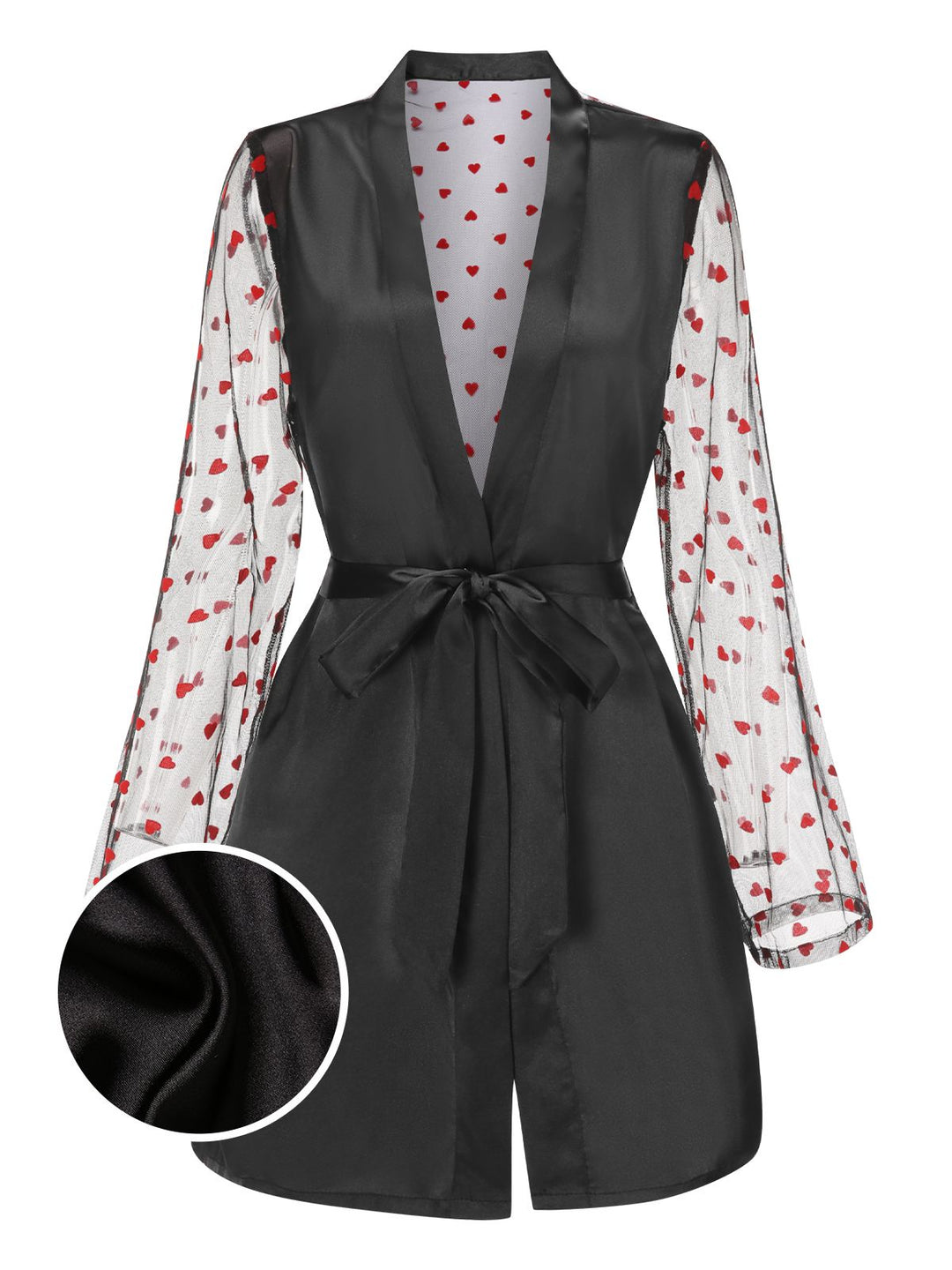 Black Hearts Dots Mesh Satin Sleep Robe - vintage nightgown, retro sleepwear, classic black