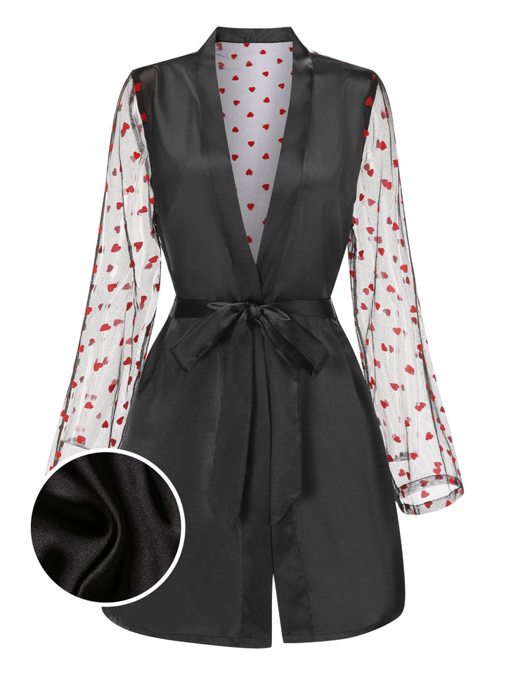Black Hearts Dots Mesh Satin Sleep Robe - vintage nightgown, retro sleepwear, classic black