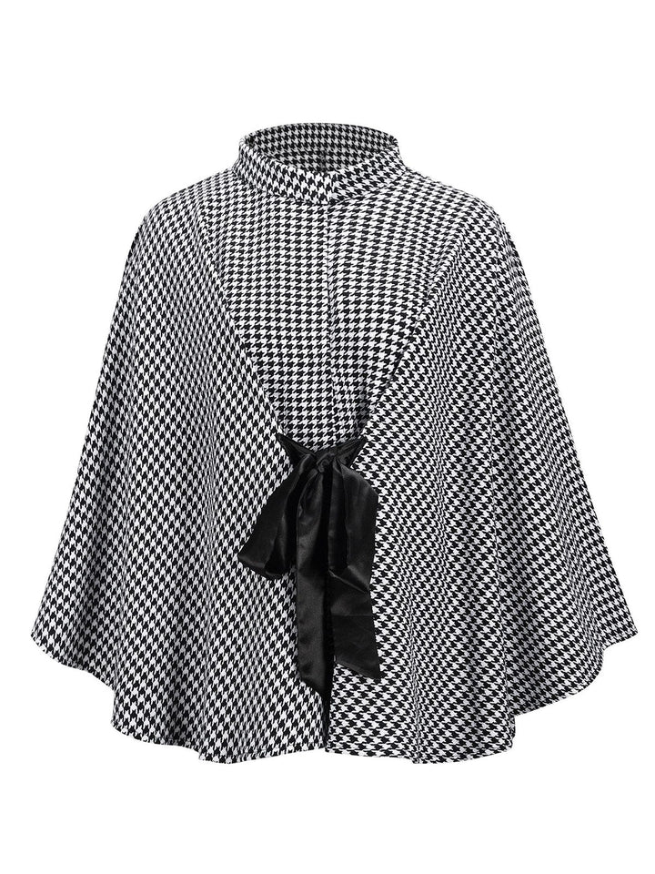 Black 1950s Houndstooth Lace-Up Cloak Coat - vintage fashion, style, classic black
