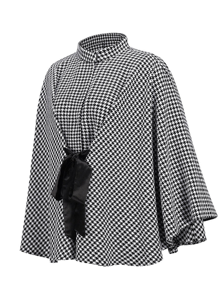 Black 1950s Houndstooth Lace-Up Cloak Coat - vintage fashion, style, classic black