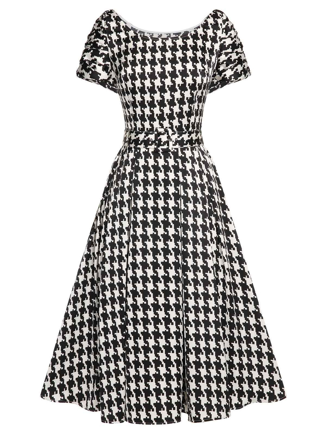 Black 1950s Houndstooth Short Sleeve Belted Dress — vintage elegance for the modern woman