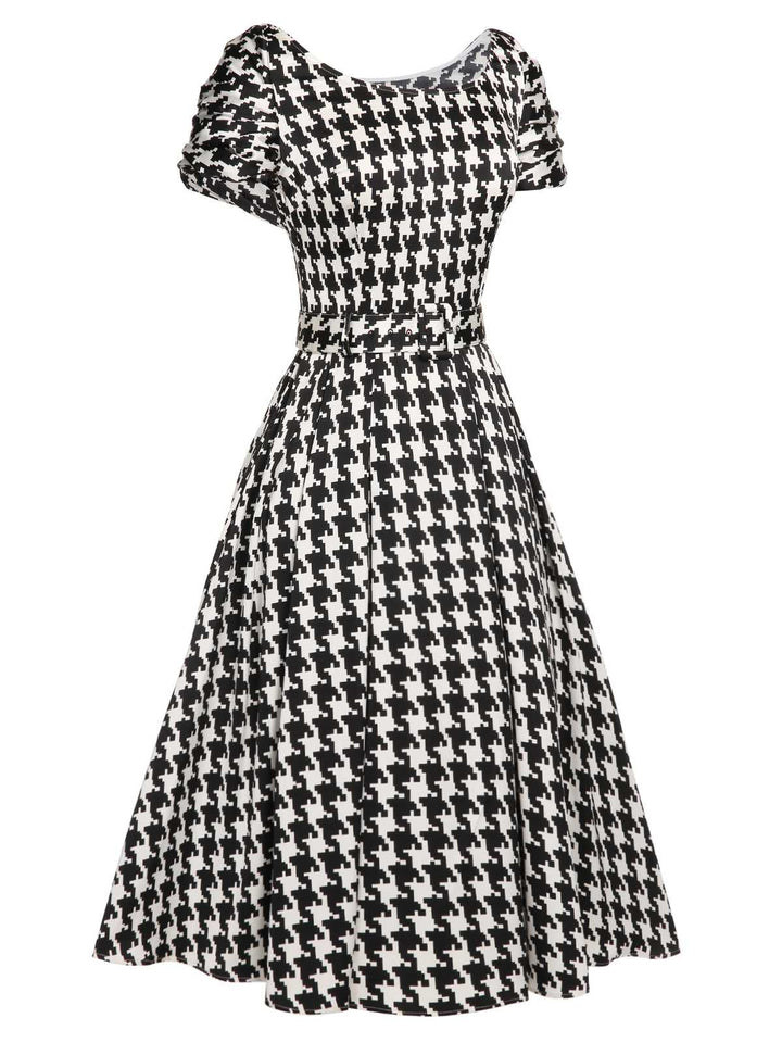 Black 1950s Houndstooth Short Sleeve Belted Dress: timeless style reimagined