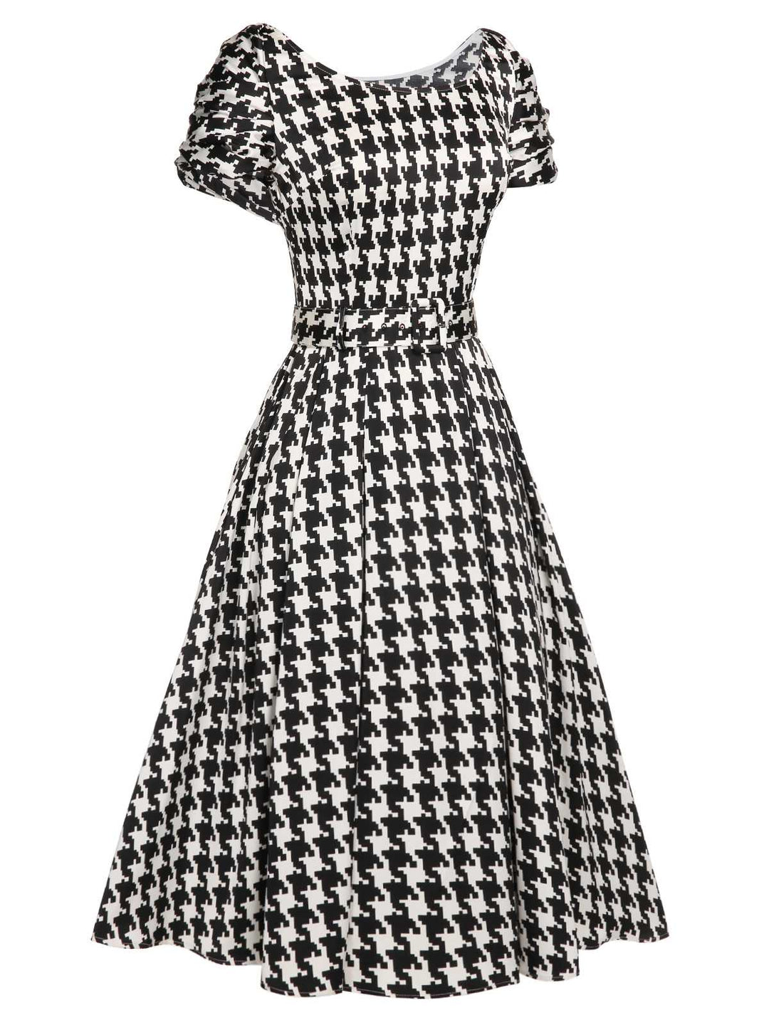 Black 1950s Houndstooth Short Sleeve Belted Dress: timeless style reimagined