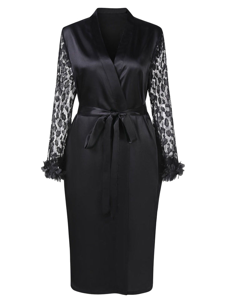 She slips into this Black Lace Belted Nightgowns and suddenly it&