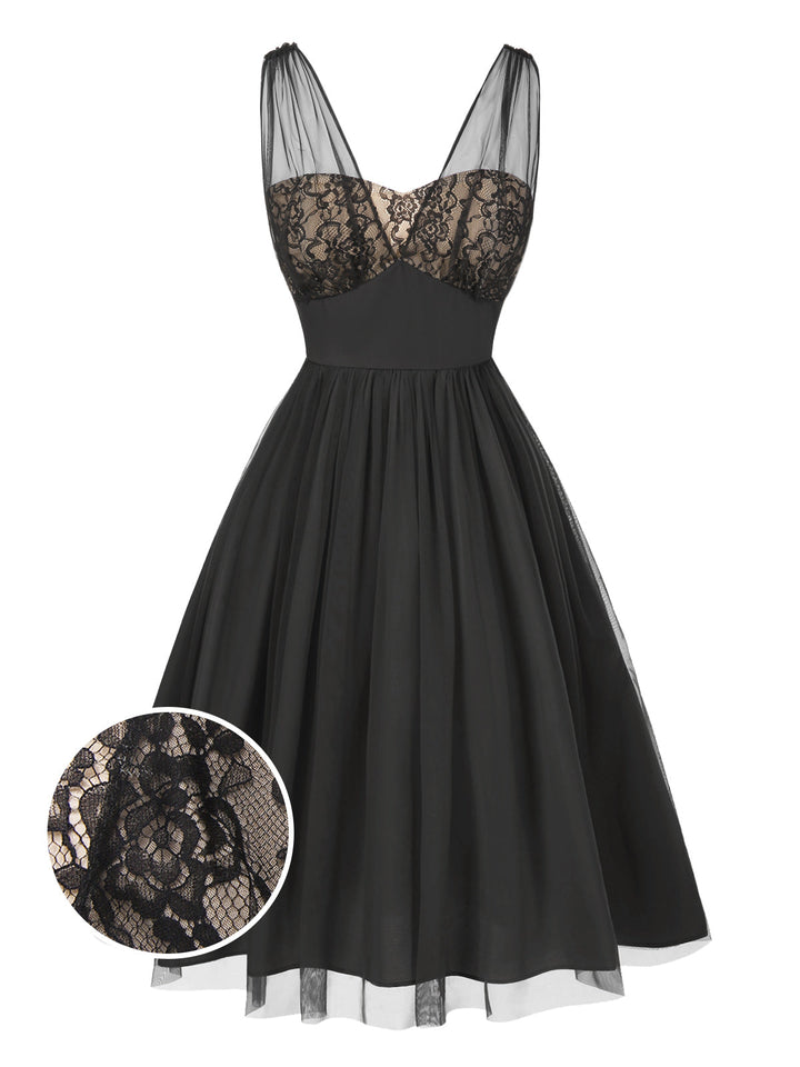 Black 1950s Lace Floral Mesh Swing Dress - vintage dress, retro fashion, rockabilly