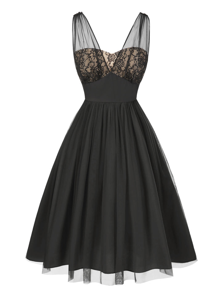 Black 1950s Lace Floral Mesh Swing Dress - vintage dress, retro fashion, rockabilly