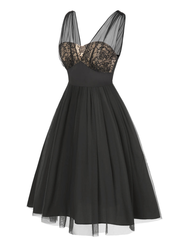 Black 1950s Lace Floral Mesh Swing Dress - vintage dress, retro fashion, rockabilly