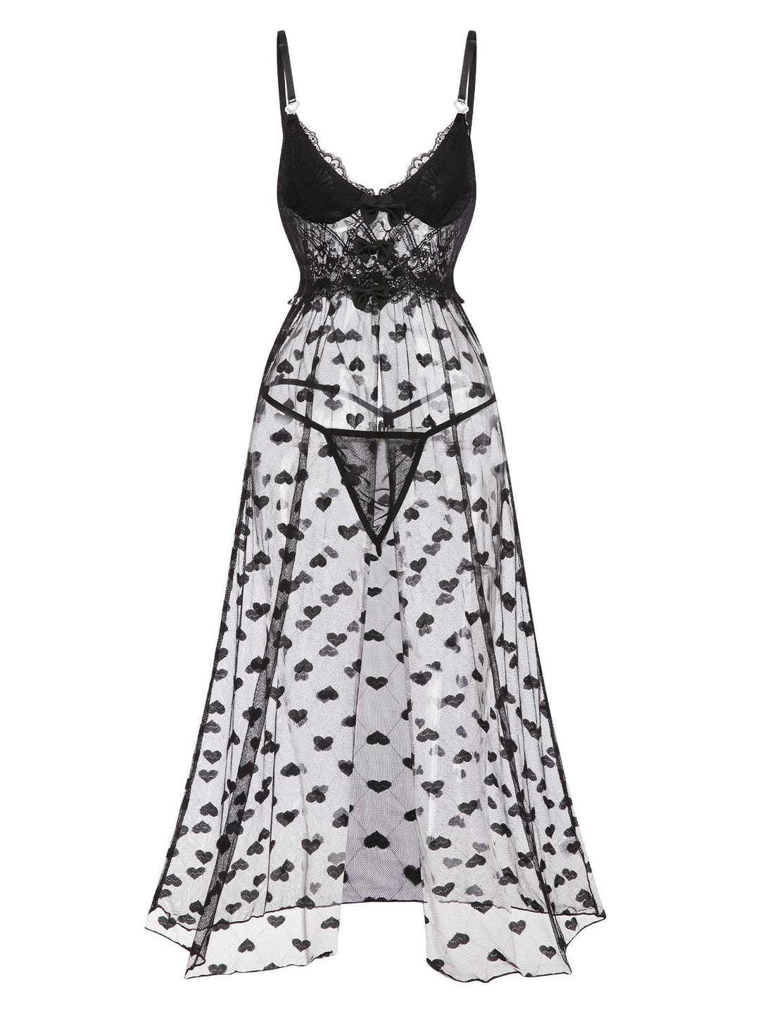She slips into this Black Lace Hearts Mesh Nightgown and suddenly it's a daydream