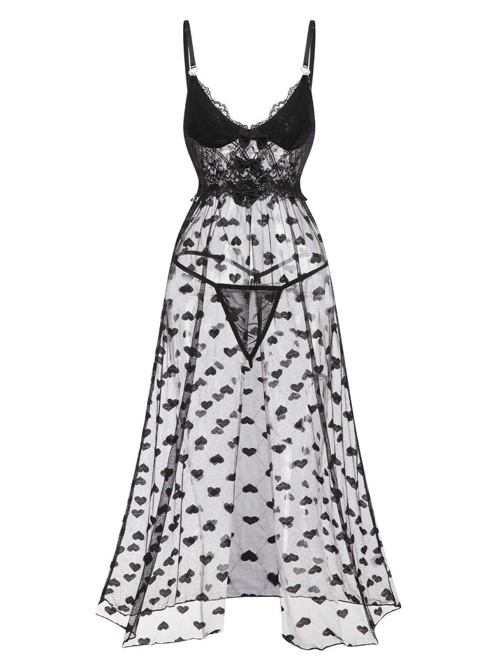 She slips into this Black Lace Hearts Mesh Nightgown and suddenly it&