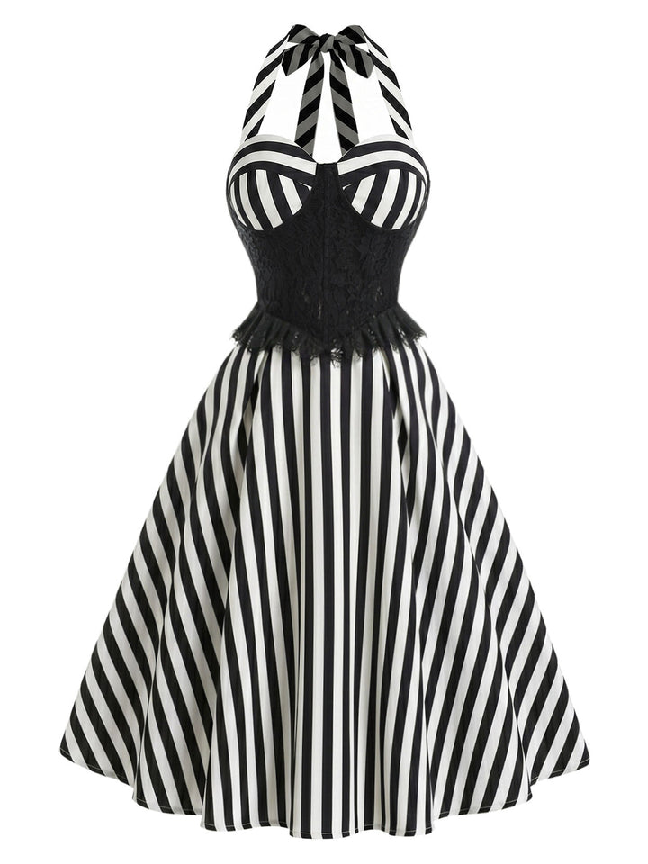 [Pre-Sale] Black 1950s Lace Halter Striped Dress 2
