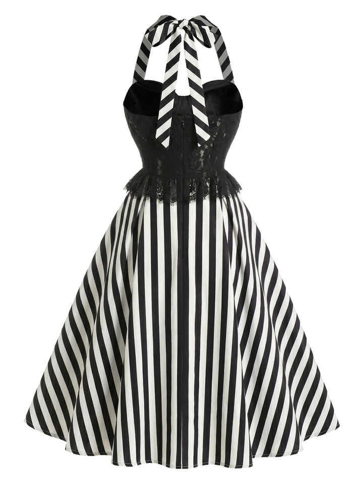 [Pre-Sale] Black 1950s Lace Halter Striped Dress 4