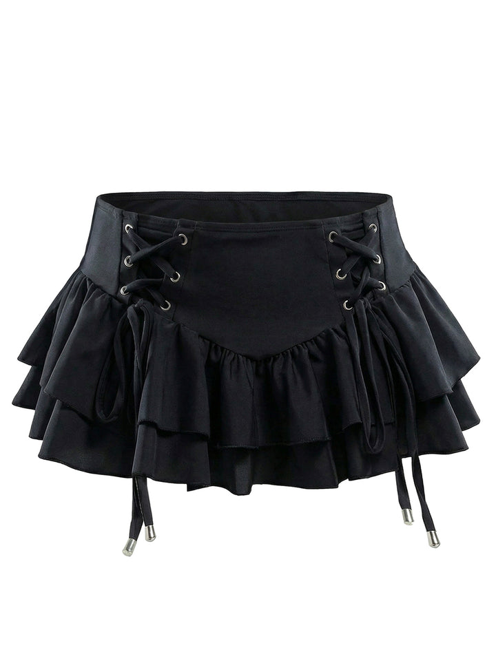 Black 1950s Lace Up Tiered Hem Skirt Cover Up - vintage skirt, retro style, classic black