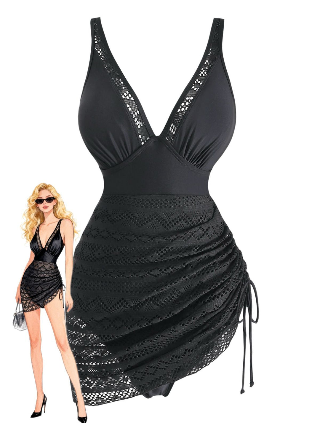 Black 1950s Lace V-Neck Ruched One-Piece Swimsuit - vintage swimwear, retro swimsuit, pin-up style for vintage lovers
