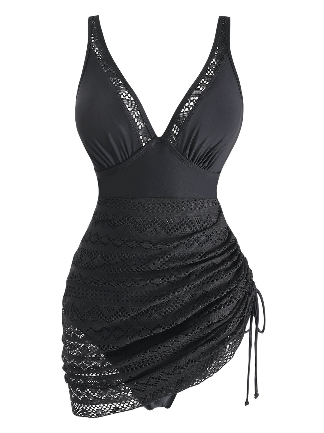 Black 1950s Lace V-Neck Ruched One-Piece Swimsuit: beautiful vintage swimwear, retro swimsuit, pin-up style with timeless appeal