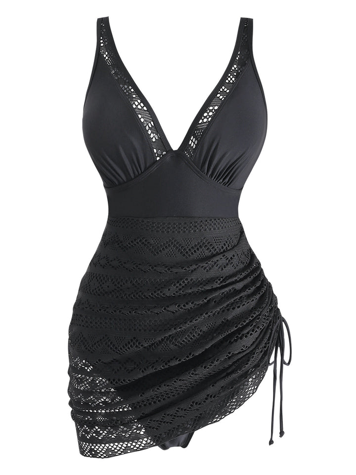 Black 1950s Lace V-Neck Ruched One-Piece Swimsuit: beautiful vintage swimwear, retro swimsuit, pin-up style with timeless appeal