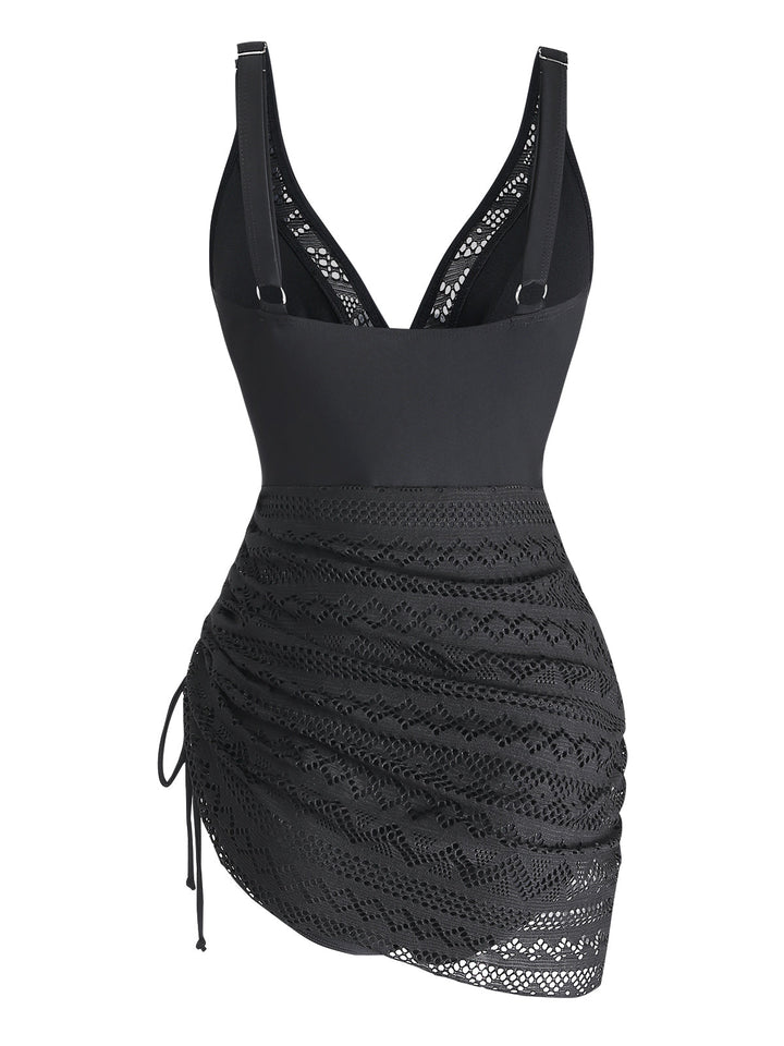 Black 1950s Lace V-Neck Ruched One-Piece Swimsuit | vintage swimwear, retro swimsuit, pin-up style - perfect for retro fashion enthusiasts
