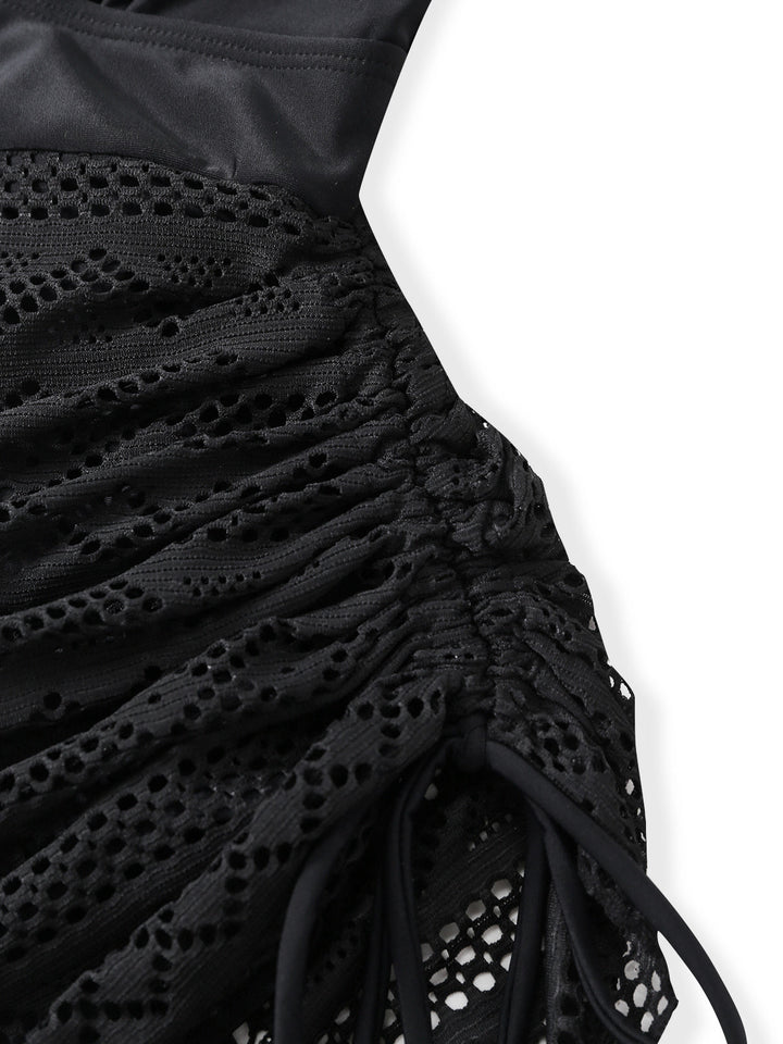 Black 1950s Lace V-Neck Ruched One-Piece Swimsuit | vintage swimwear, retro swimsuit, pin-up style - perfect for retro fashion enthusiasts