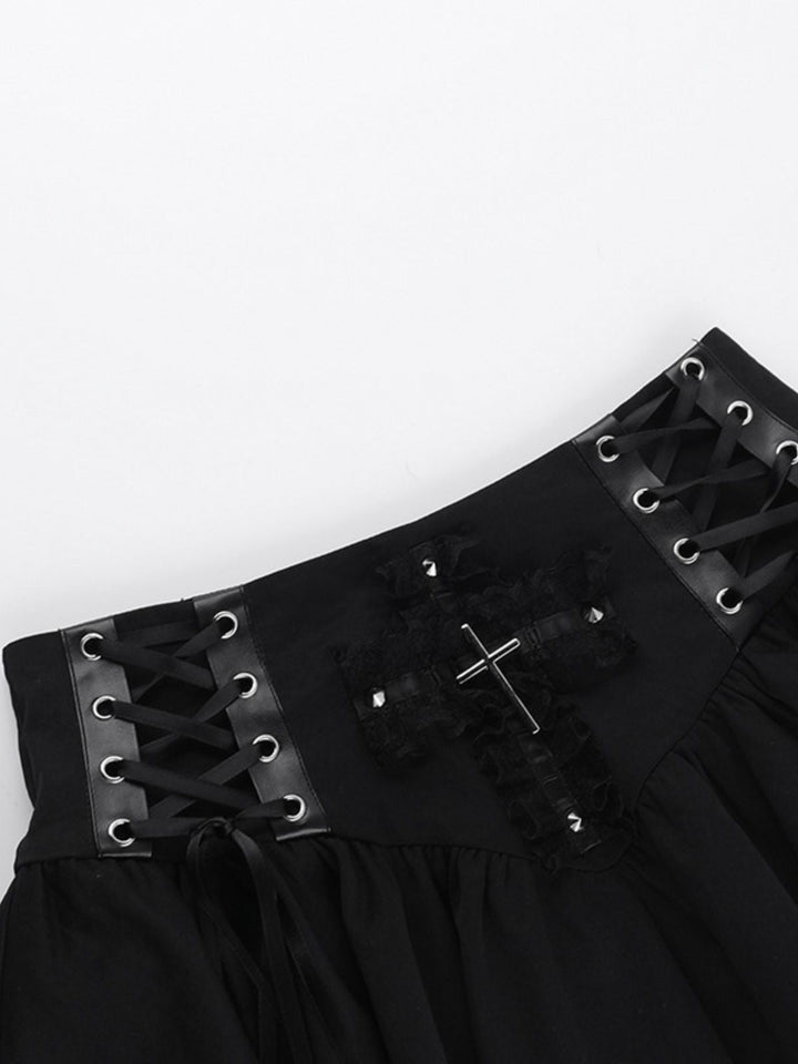 Black 1950s Lace-Up Cross Lace Skirt — 1950s femininity that moves with her mood