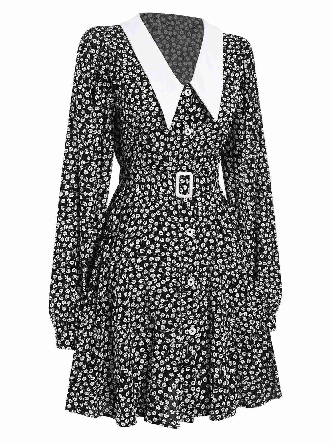 Black 1950s Lapel Lantern Sleeves Ditsy Floral Dress, vintage dress, retro fashion, rockabilly, pin-up fashion - perfect for women who love vintage and retro fashion