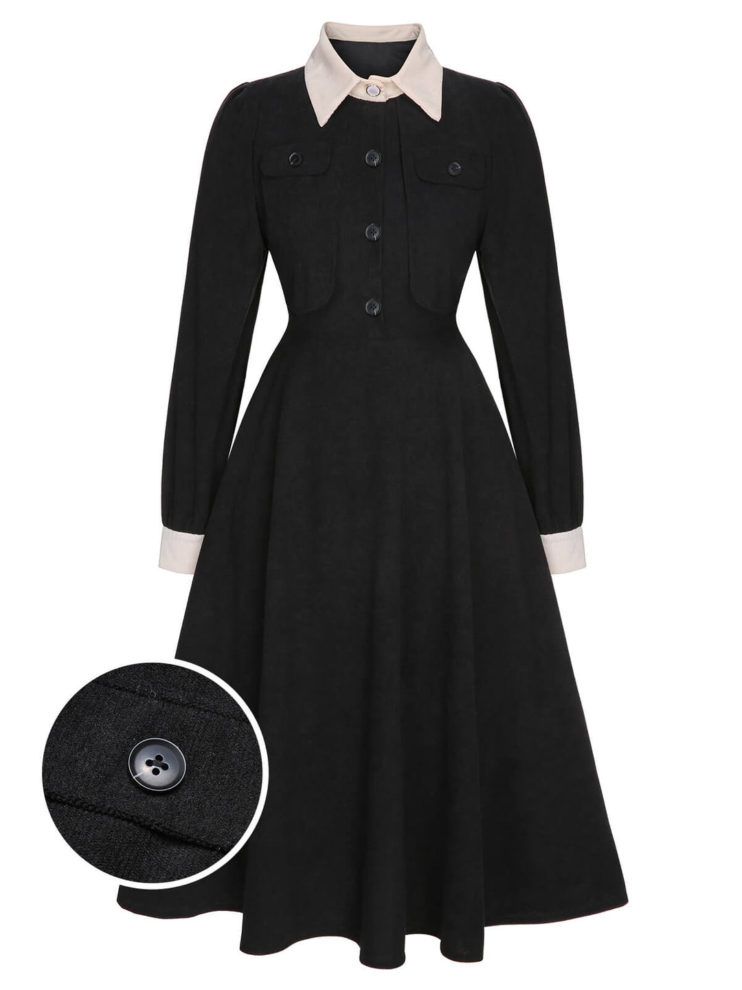 She slips into this Black 1950s Lapel Patchwork Button Dress and suddenly it&