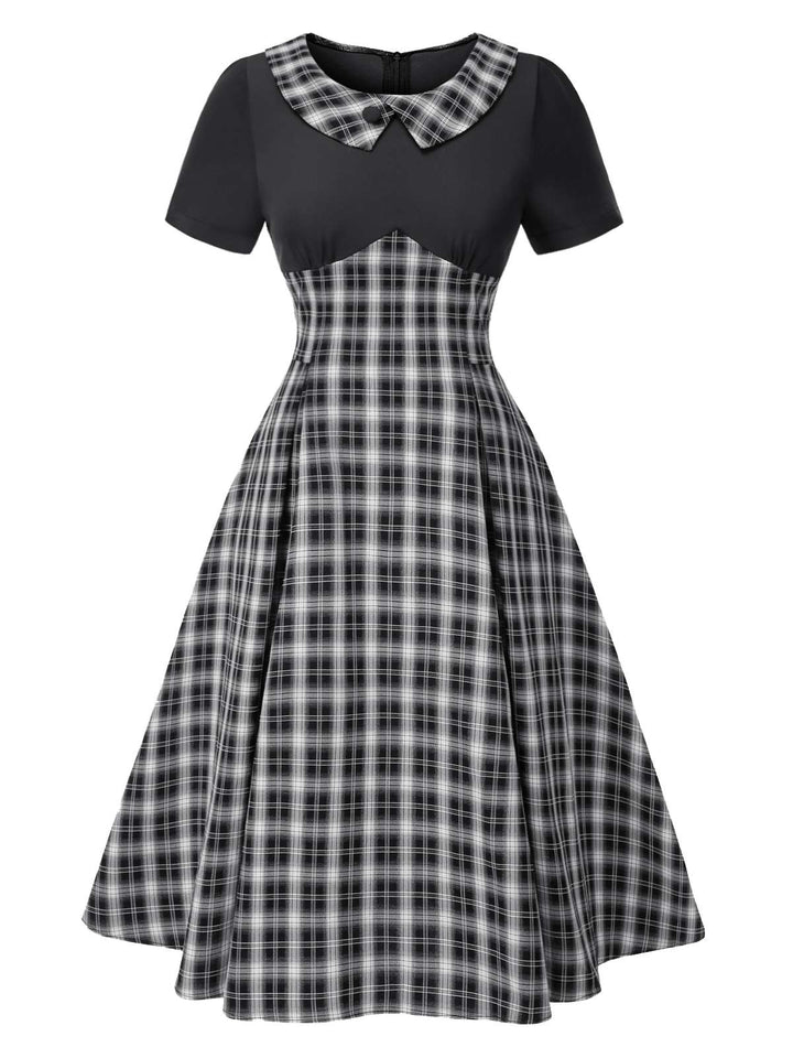 Black 1950s Lapel Pleated Plaid Patchwork Dress, vintage dress, retro fashion, rockabilly, pin-up fashion - perfect for women who love vintage and retro fashion