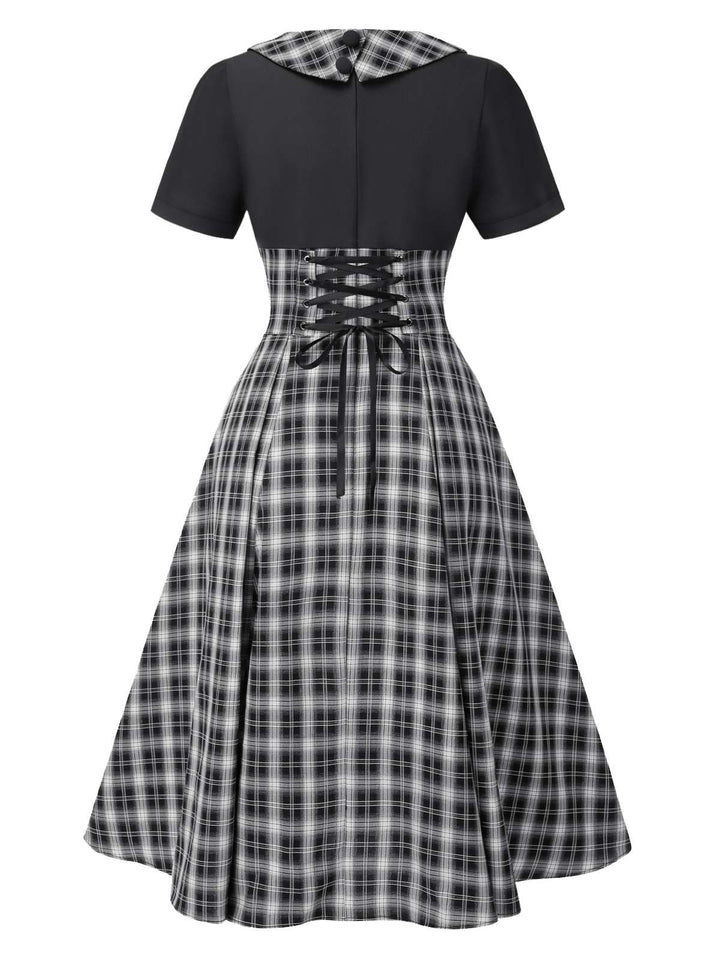 Black 1950s Lapel Pleated Plaid Patchwork Dress, vintage dress, retro fashion, rockabilly, pin-up fashion - perfect for women who love vintage and retro fashion