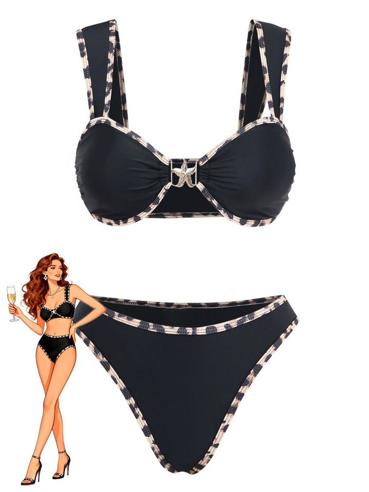 Black Leopard Trim Metal Starfish Bikini Set - vintage swimsuit, swimwear for vintage lovers