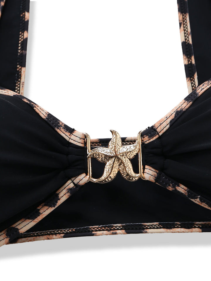 Black Leopard Trim Metal Starfish Bikini Set - vintage swimsuit, swimwear for vintage lovers