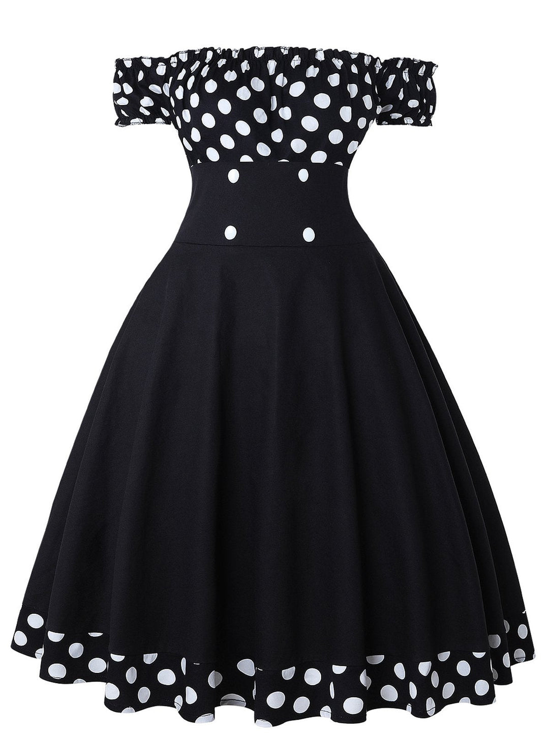 She slips into this Black 1950s Off Shoulder Polka Dots Dress and suddenly it&