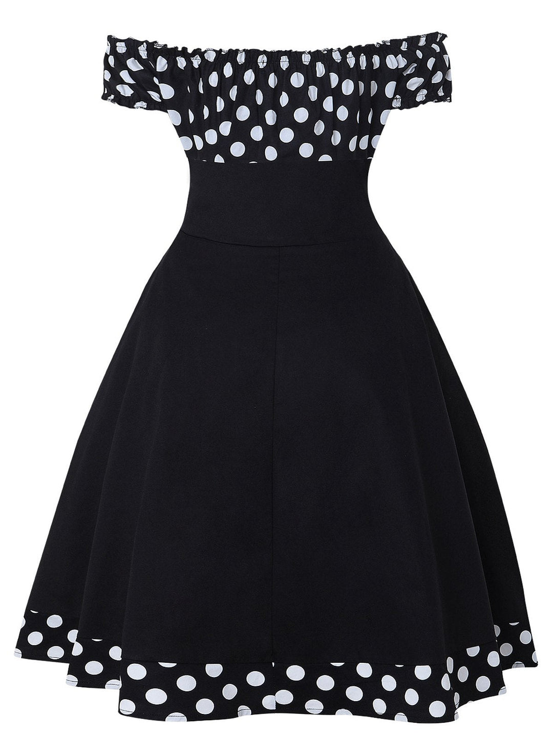 This Black 1950s Off Shoulder Polka Dots Dress wraps her in 1950s elegance, one twirl at a time