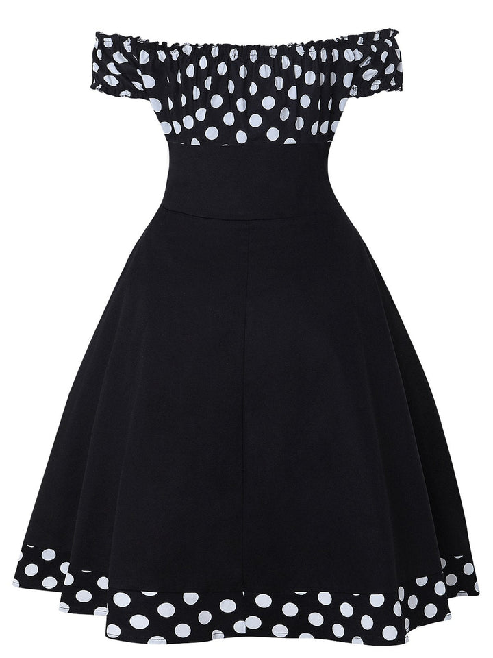 This Black 1950s Off Shoulder Polka Dots Dress wraps her in 1950s elegance, one twirl at a time