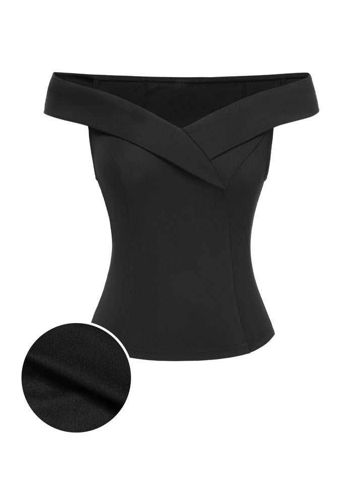 Black 1950s Off-Shoulder Solid Top - vintage fashion, retro style, classic black