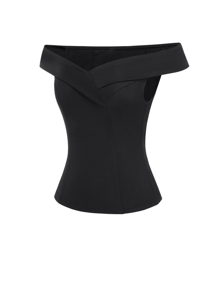 Black 1950s Off-Shoulder Solid Top - vintage fashion, retro style, classic black