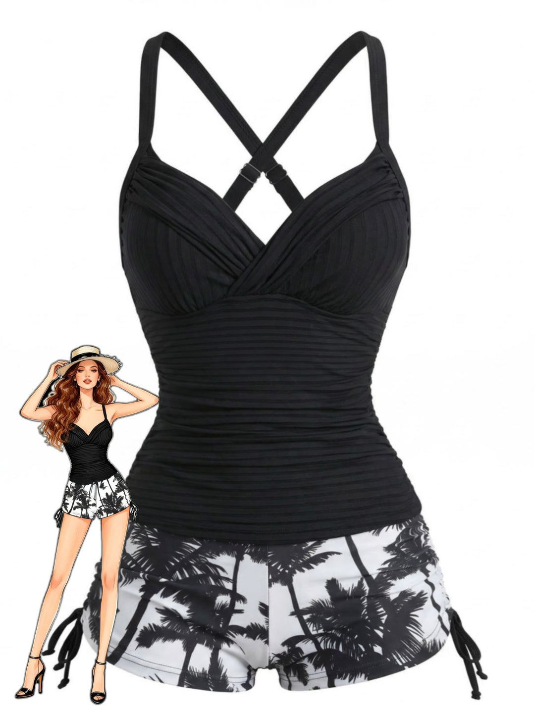 Black Palm Tree Drawstring Ruched Tankini Set - vintage fashion, retro style for vintage lovers
