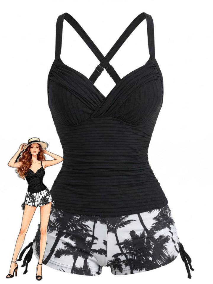 Black Palm Tree Drawstring Ruched Tankini Set - vintage fashion, retro style for vintage lovers