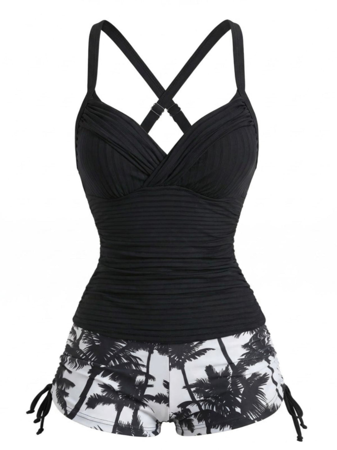 Black Palm Tree Drawstring Ruched Tankini Set - vintage fashion, retro style for vintage lovers