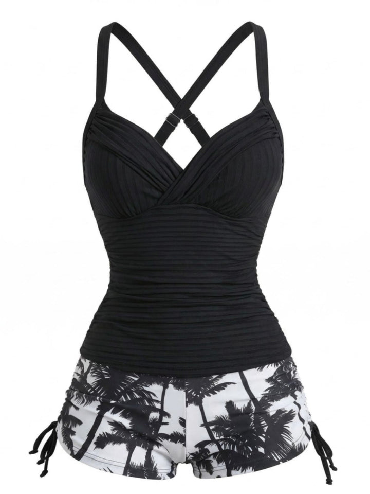 Black Palm Tree Drawstring Ruched Tankini Set - vintage fashion, retro style for vintage lovers