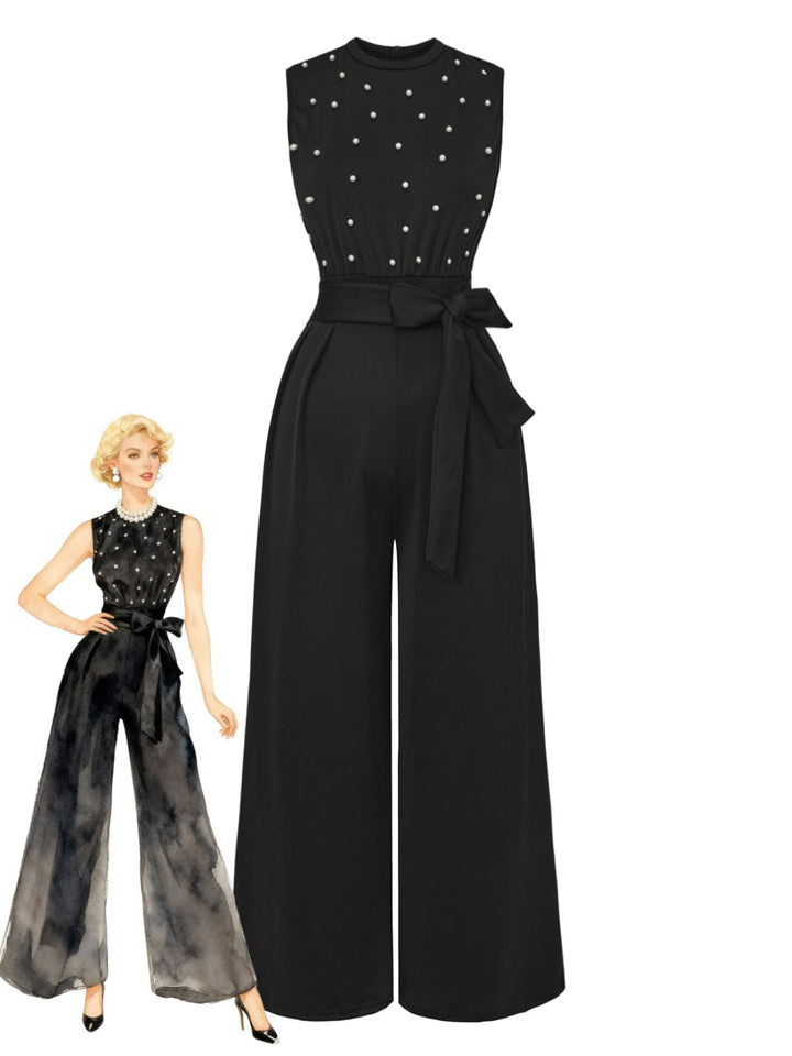 Black 1950s Pearl Beading Bow Belt Jumpsuit - vintage jumpsuit, retro fashion, classic black