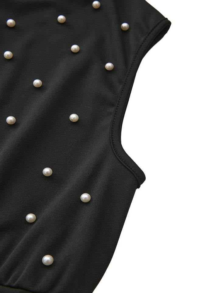 Black 1950s Pearl Beading Bow Belt Jumpsuit - vintage jumpsuit, retro fashion, classic black