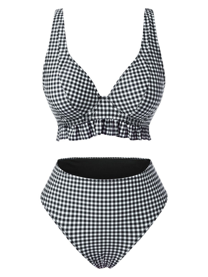 1950s Plaid Deep VNeck Ruffled | 1950s | vintage swimsuit, retro beachwear