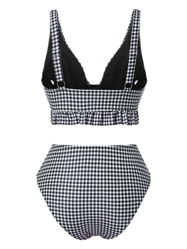 1950s Plaid Deep VNeck Ruffled | 1950s | vintage swimsuit, retro beachwear